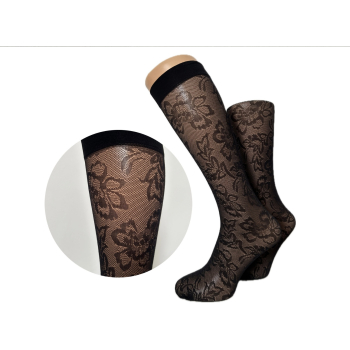 Włoskie podkolanówki wzorzyste PREDA w kwiatki beż - czarne, 1 para