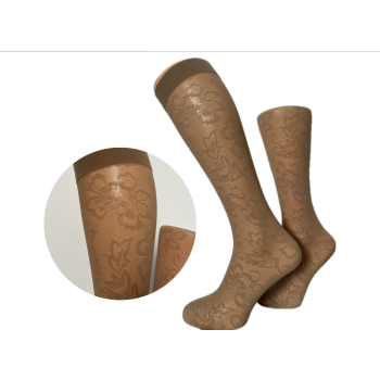 Włoskie podkolanówki wzorzyste PREDA w kwiatki beż - czarne, 1 para