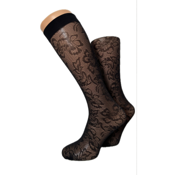 Włoskie podkolanówki wzorzyste PREDA w kwiatki beż - czarne, 1 para